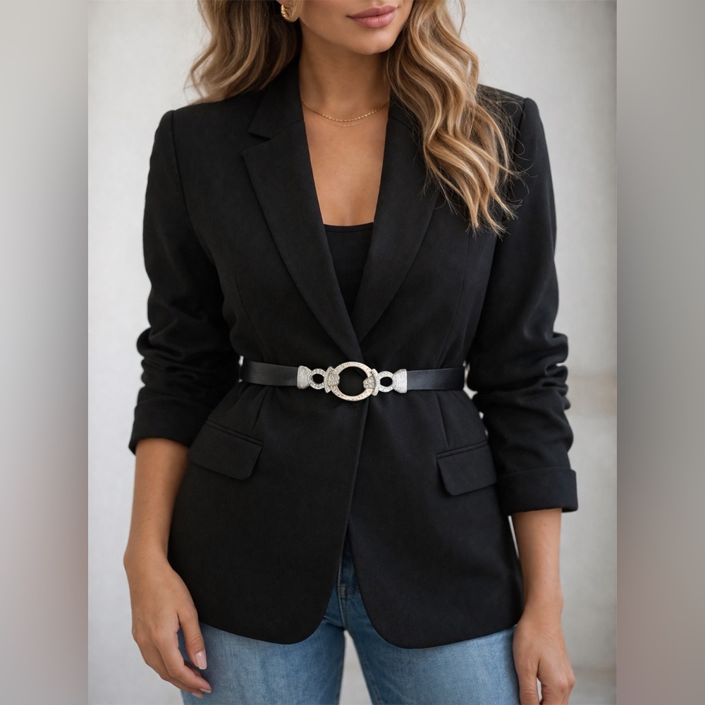 Chico’s Black Leather Belt Silver Rhinestone Buckle Dress Waist Belt